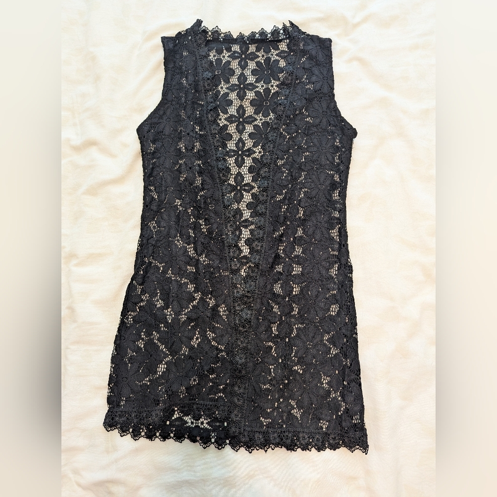 NWOT Women Black Lace Sleeveless Vest Cardigan Open Front Size XS
